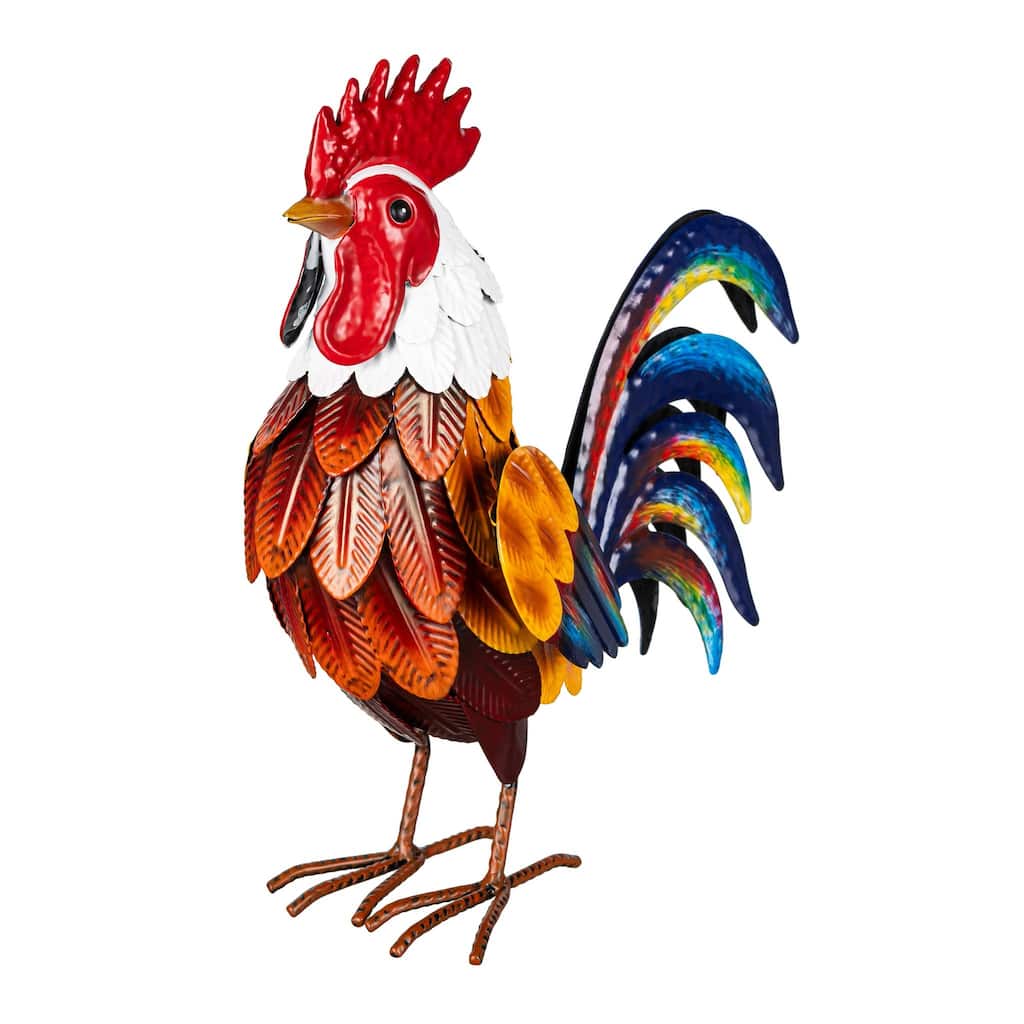 Metal Colorful Rooster Garden Statue, 12"H