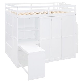 Full Size Wood Loft Bed with Desk and Wardrobe,Three Foldable Shelves