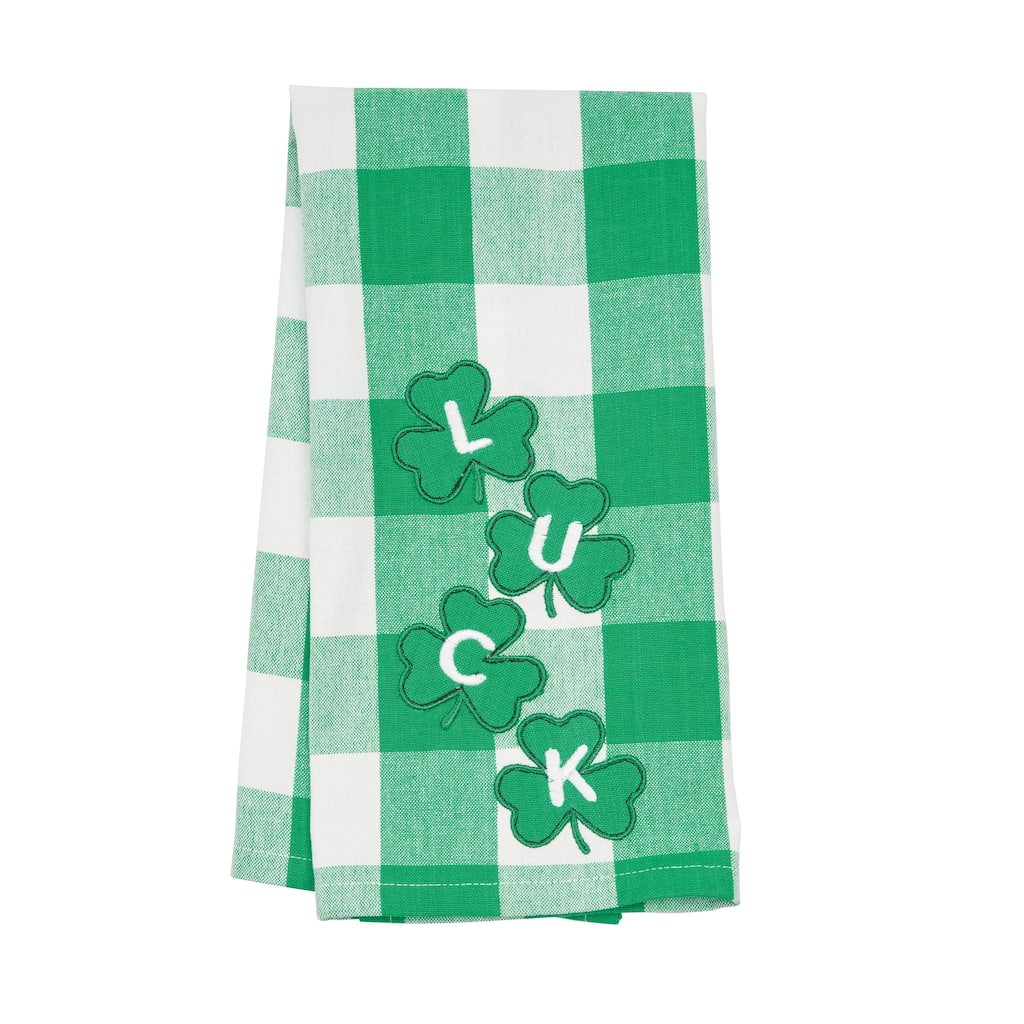 St. Patrick's Day Four Clover "Luck" Plaid Check Cotton Kitchen Dishtowel