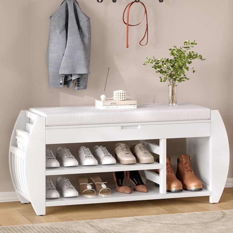 Shoe Bench 2-Tier Storage Bench with Cushion & Curved Side Holder, Wooden Panel Shoe Rack Organizer for Entryway, Living Room