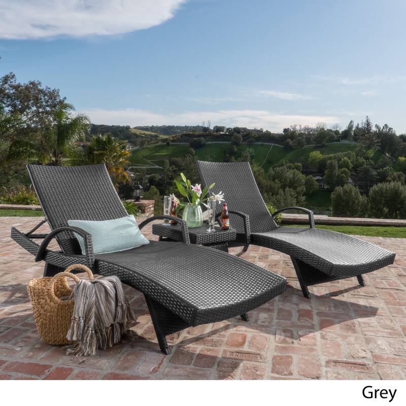 Outdoor Wicker Adjustable Chaise Lounge with Arms w/ table (Set of 2) by Christopher Knight Home - Grey
