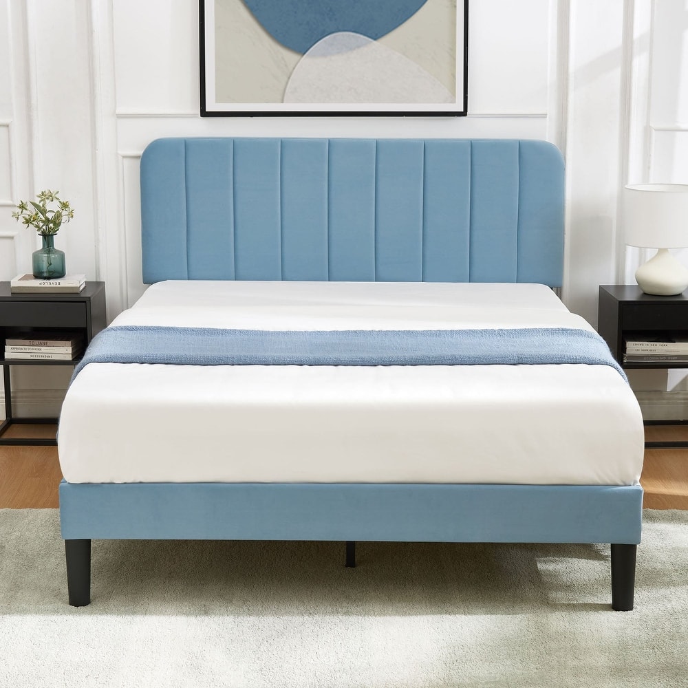 VECELO Modern Upholstered Platform Bed Frame with Adjustable Velvet Headboard Under-Bed Space for Storage No Box Spring Needed