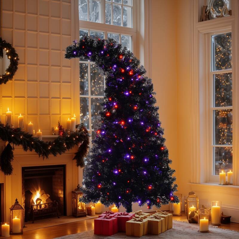 Pre-Lit Curved Artificial Tree - Whimsical Shape, LED Lights, Black Finish