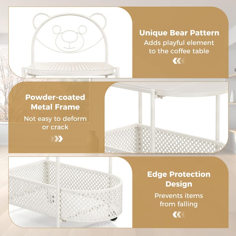 Gymax 2-Tier Mobile Glass Coffee Table w/ Bear Pattern Storage Basket