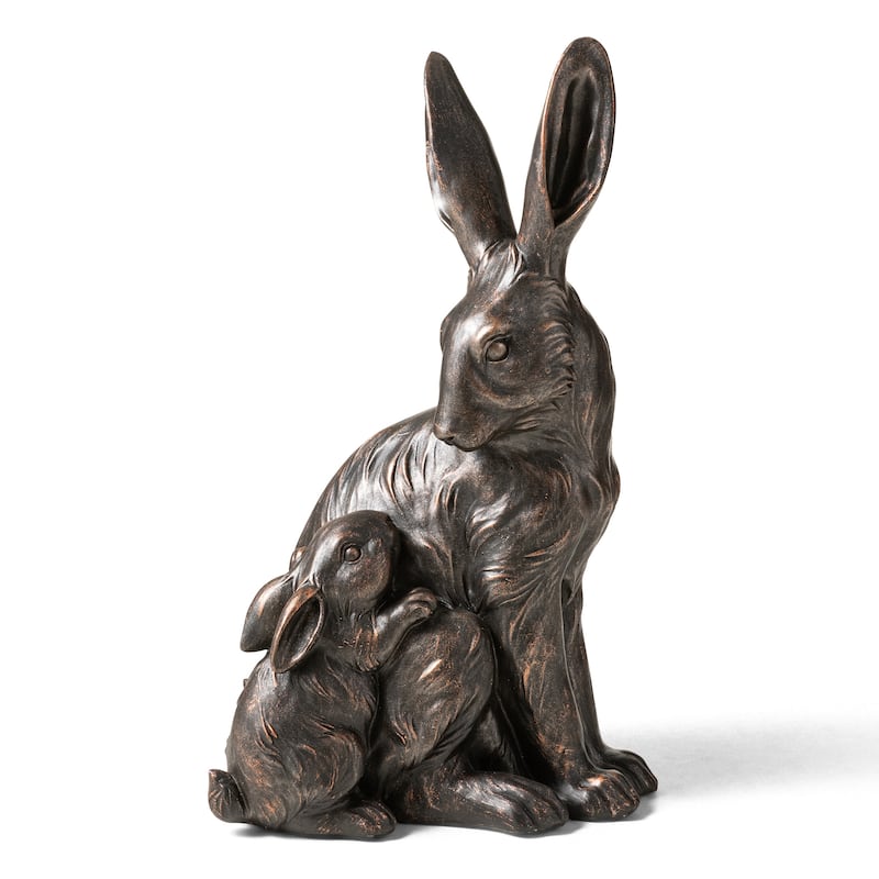 Glitzhome MGO Bronze Mom and Baby Rabbit Statue Standing Bunny Figurine - Mom and Baby Rabbit