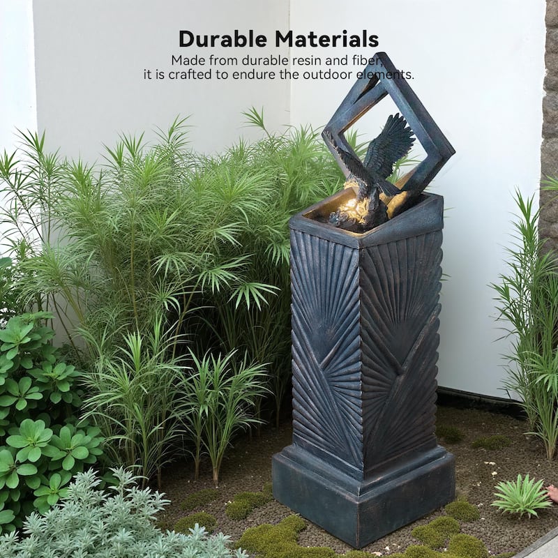 Vbal 46″ Modern Outdoor Polyresin Column Fountain with Eagle and LED Lights