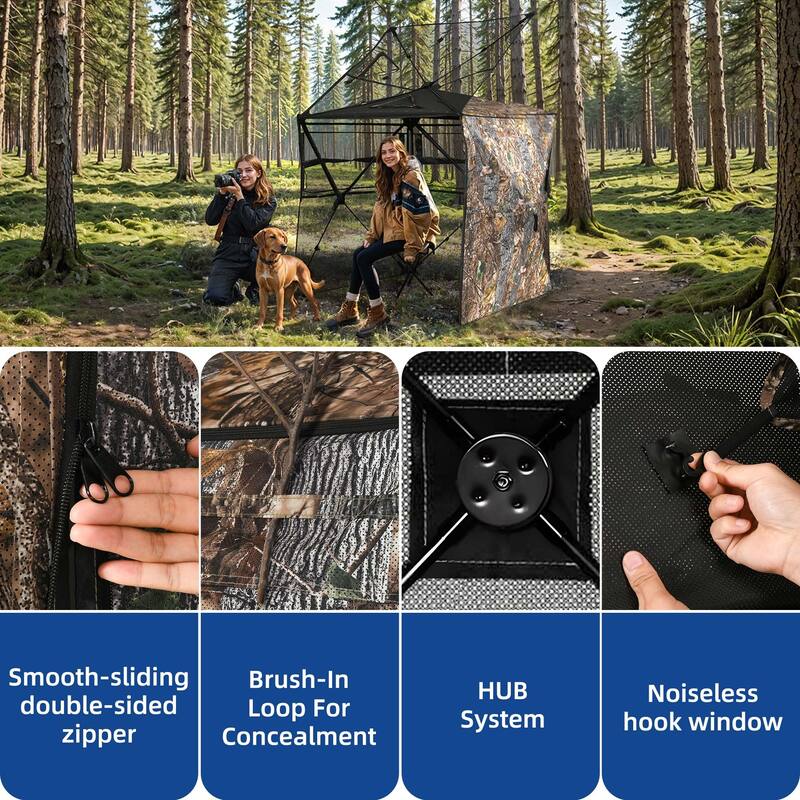 Moasis Hunting Blind 2-3 Person with Hunting Stool, 360 Degree See Through Pop up Ground Blinds for Hunting