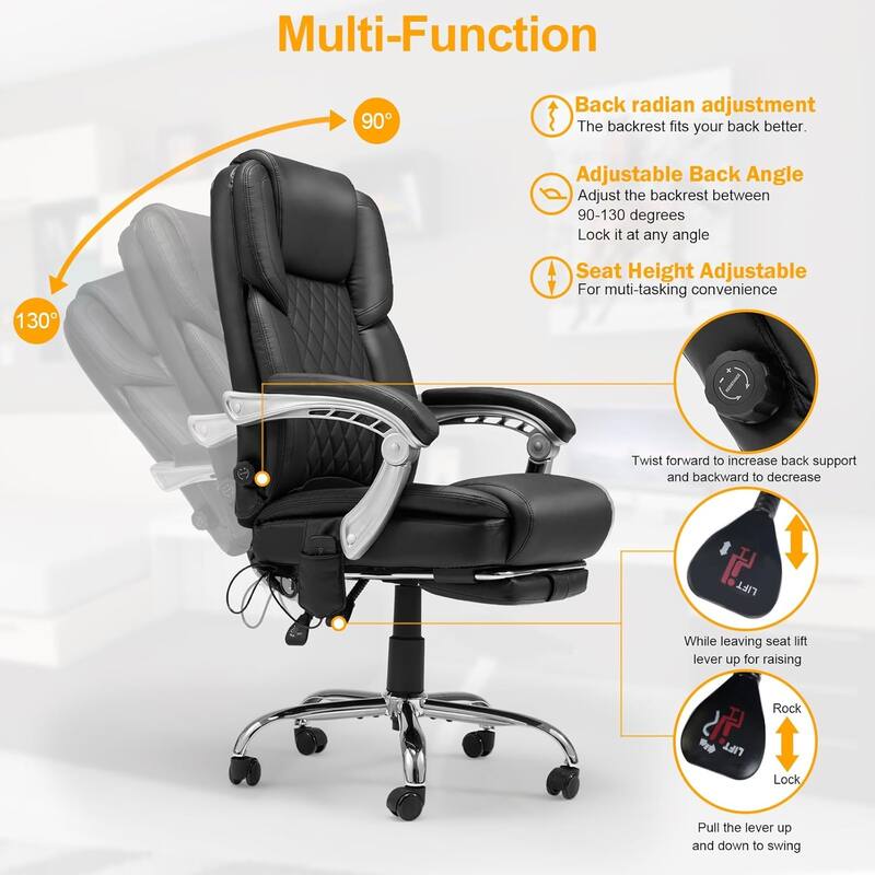 EROMMY Ergonomic Heated Massage Office Chair with Lumbar Support, Reclining Backrest, 2/4/6-Point Massage
