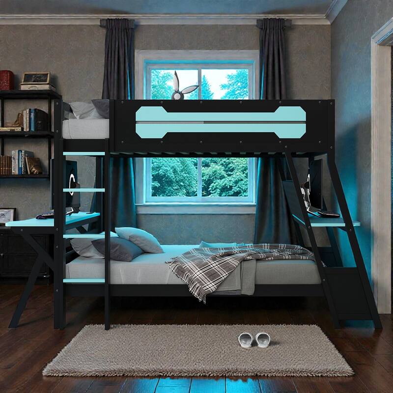 Twin/Full Gaming Bunk Bed with Dual Desks, USB Charging Ports and Pegboard Organizer, Gamer Bunk Frame - Blue - Full