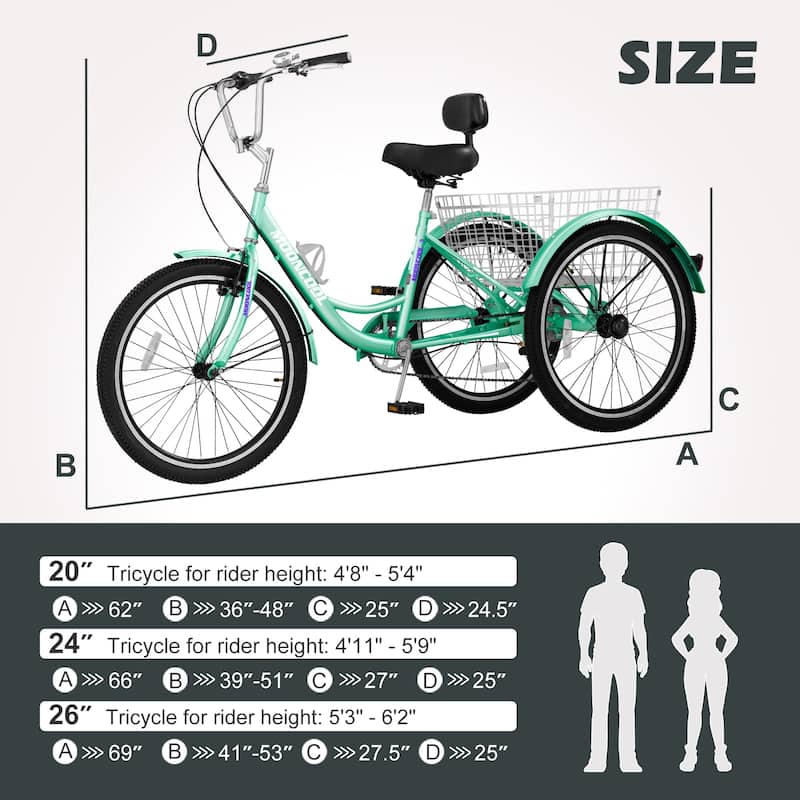 DoCred Adult Tricycle 7 Speed 24"/26" Three Wheel Bike with Basket