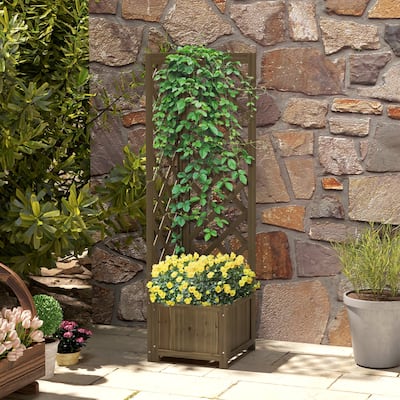 Outsunny Wooden Planter with Trellis, Rustic Corner Raised Garden Bed for Vine Climbing and Vegetables