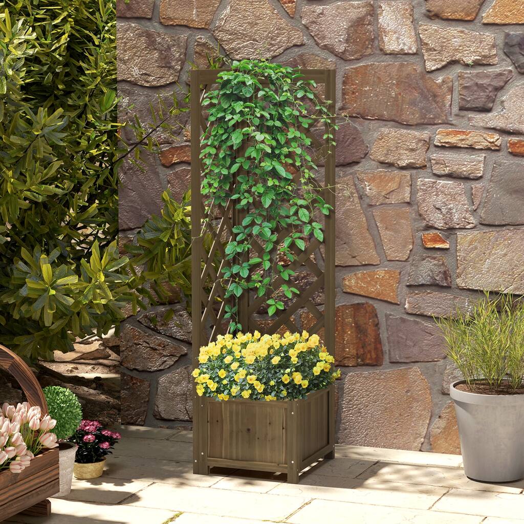 Outsunny Wooden Planter with Trellis, Rustic Corner Raised Garden Bed for Vine Climbing and Vegetables