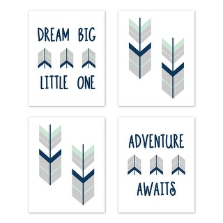 Sweet Jojo Designs Grey Navy Blue Mint Woodland Mod Arrow Collection Wall Decor Art Prints (Set of 4) - Dream Big
