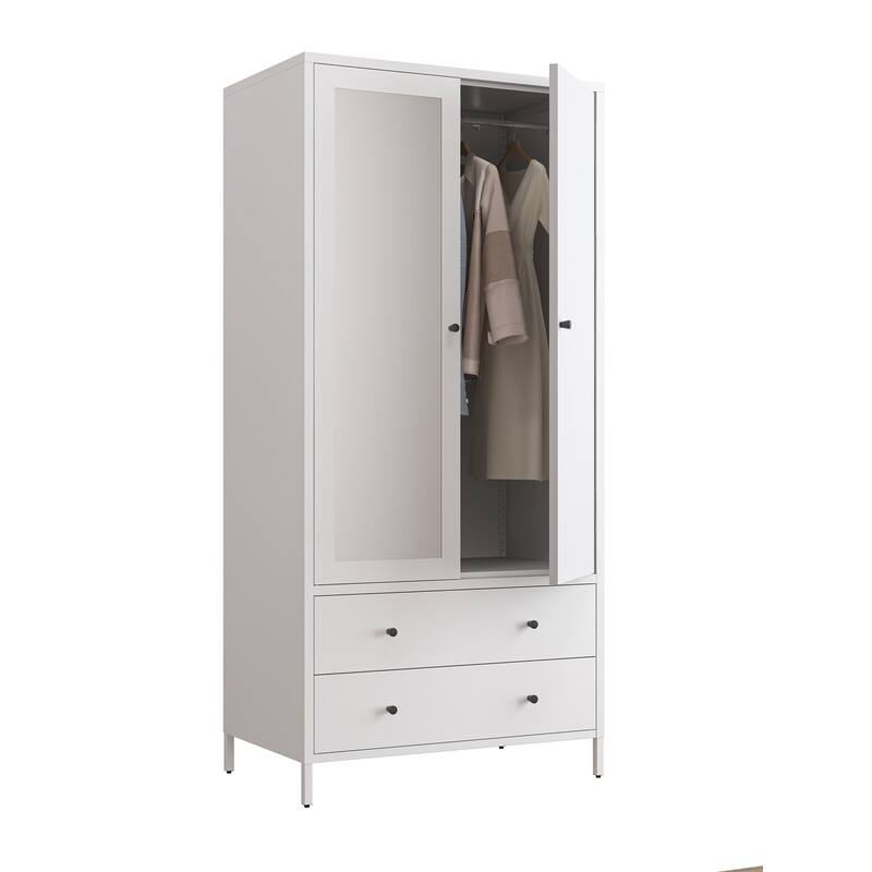 Metal Armoire Wardrobe Closet with 2 Drawers,Mirror Door and Hanging Rod