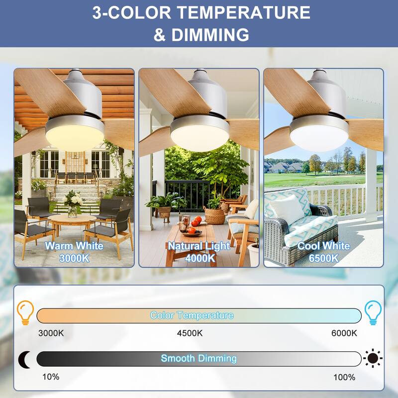 Outdoor Ceiling Fan with Light: 42-52 Inch Hanging - Plug in Waterproof Fans for Patio - Dimmable Remote App Control Black