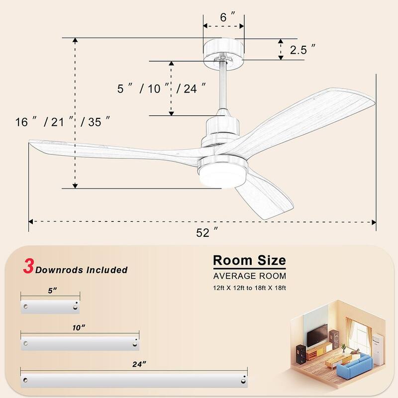 52 "W Farmhouse 6-Speed Adjustable Solid Wood Ceiling Fan Light with Remote Control