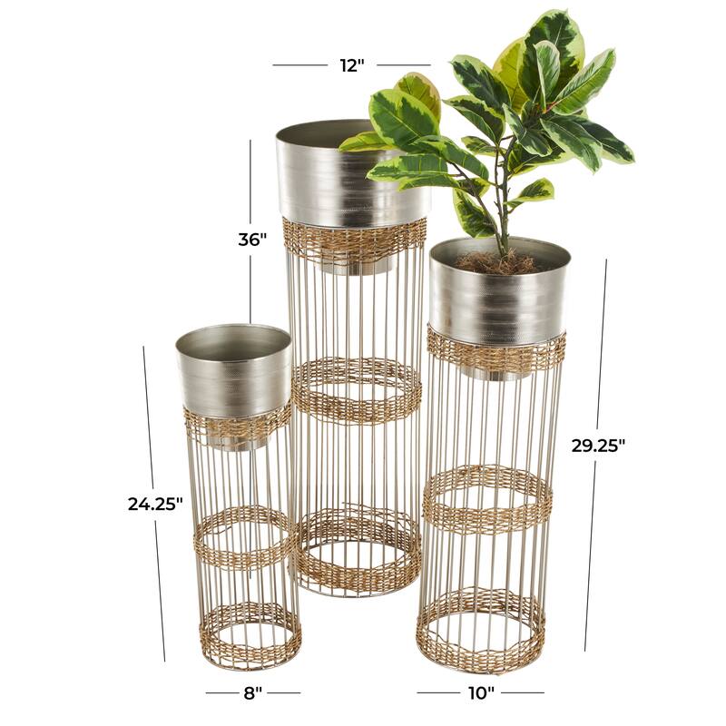Silver or Gold Metal Caged Wire Planter with Woven Seagrass Accents (Set of 3)