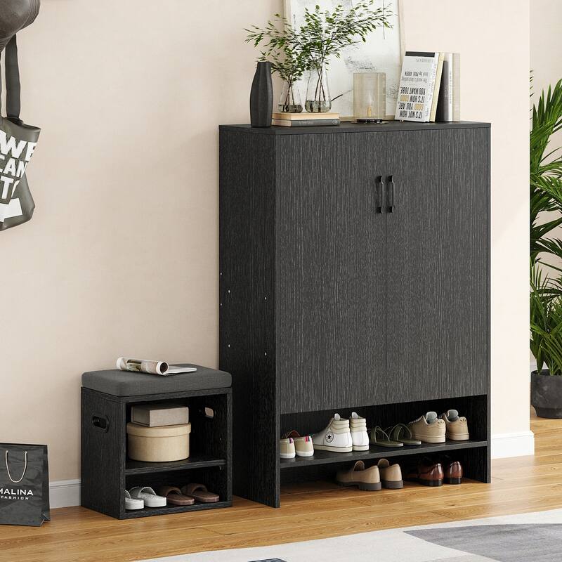 Anmytek Large Black Shoe Storage Cabinet with Adjustable Shelves - Modern Entryway Organizer for Boots and Heels