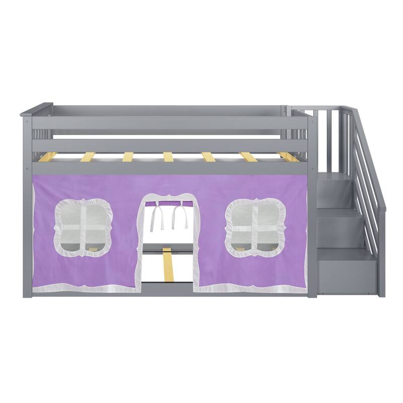 Max and Lily Twin over Twin Low Bunk Bed with Staircase and Curtains
