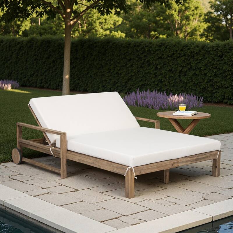 Outdoor Patio Solid Wood Double Daybed Sunbed with Adjustable Backrest and Wheels - Beige