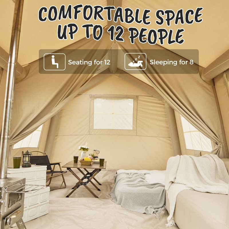 Inflatable Camping Tent for 8-12 People, with Skylights, Chimney Window, and UV-Resistant, Easy Setup for Outdoors