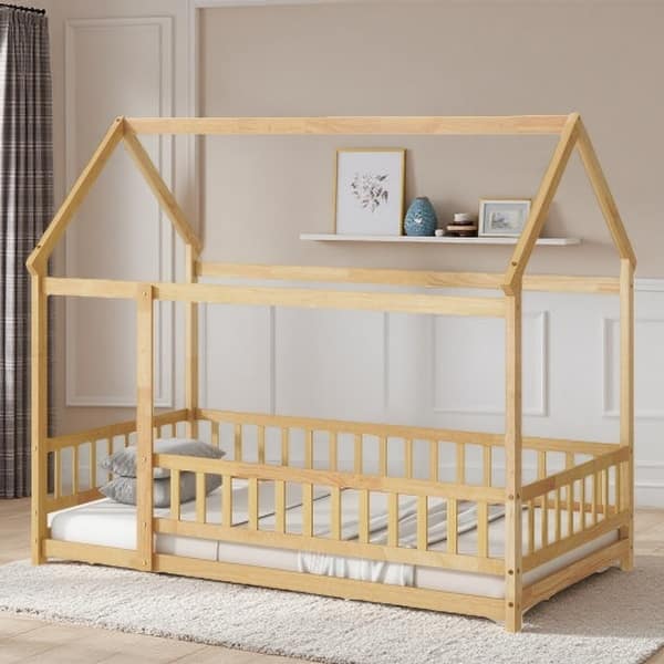 slide 2 of 33, Twin Size Wooden Floor Bed with Roof Frame and Guardrails, Montessori Style Kids House Bed Natural