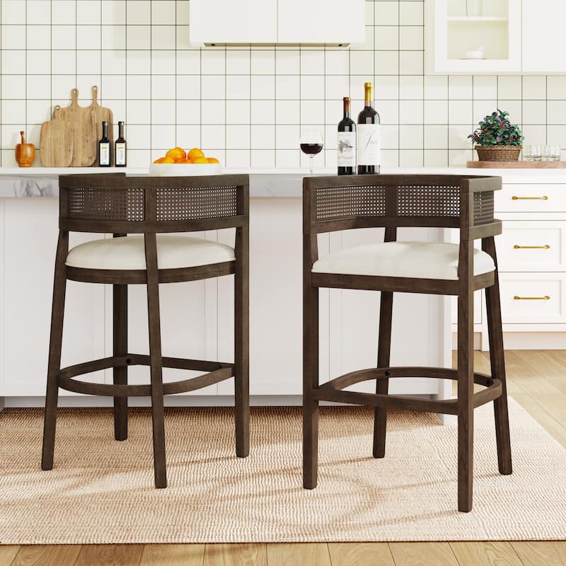 Christopher Knight Home-Glovers Wood And Rattan Upholstered Bar Stools Set of 2 - Walnut+Beige