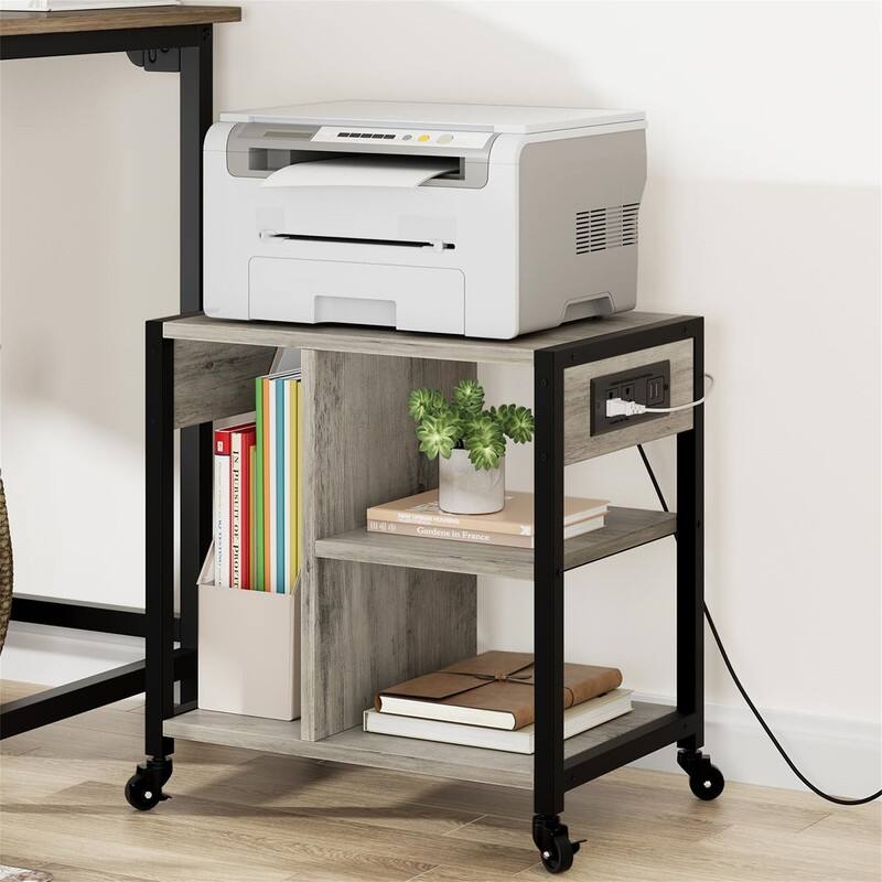 Printer Stand with Charging Station - 11.8" L x 17.3" W x 18.1" H - Wood Finish - Rustic Grey