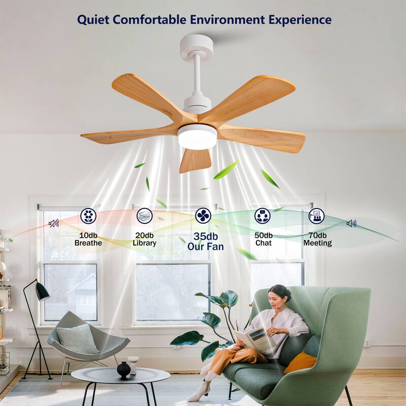 42 Inch Indoor Ceiling Fan With Dimmable LED Light 5 Solid Wood Blades Remote Control Reversible DC Motor