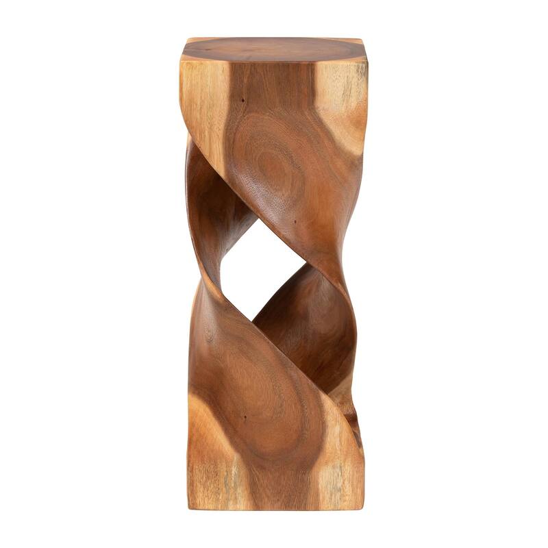 Rapha Hand-carved Suar Wood Side Table - Sculptural Accent Table with Twist Design, Modern Boho Style for Living Room or Bedroom
