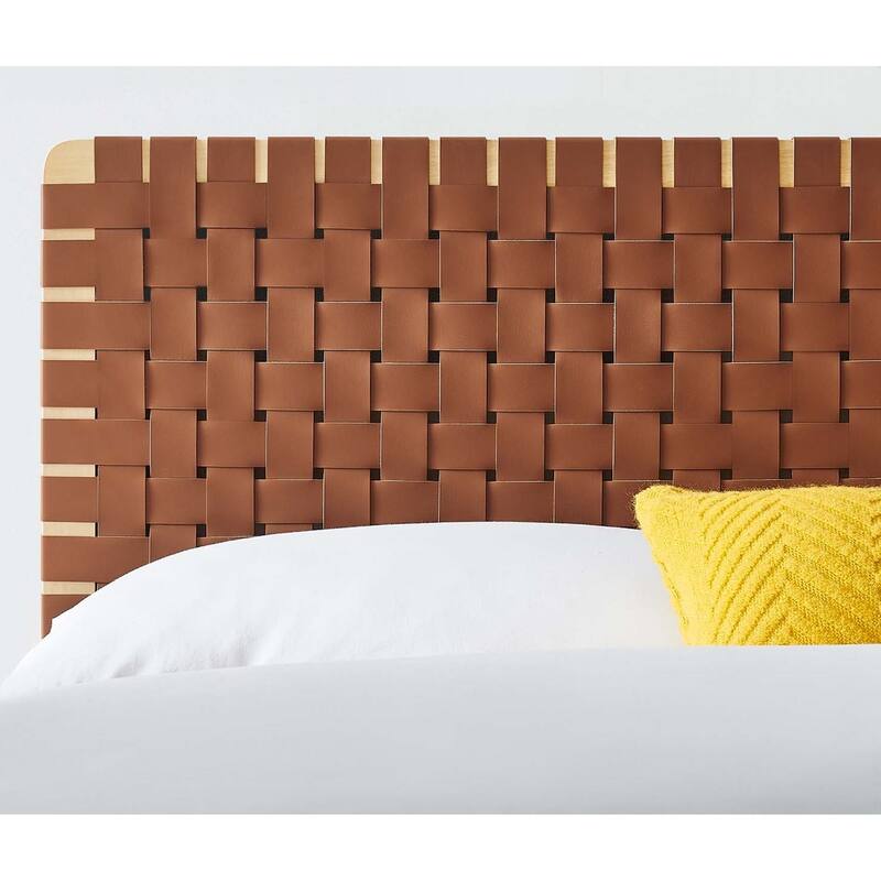 Ditmas Solid Wooden Brown Leather Basket Weaved Full Size Headboard