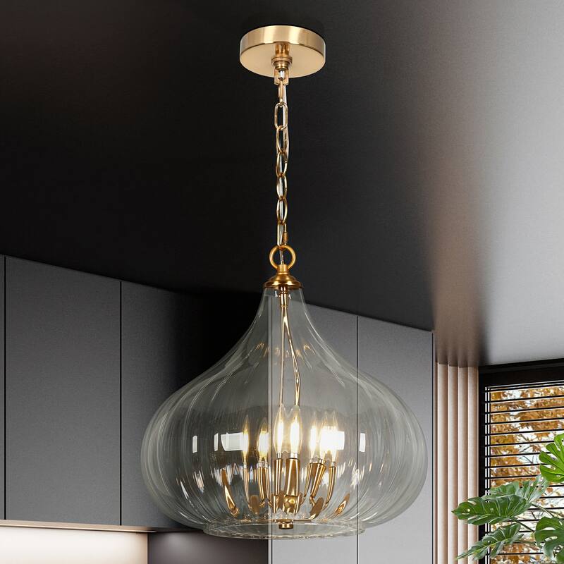 Modern Glam 3-Lights Chandelier Brass Gold Large Pendant with Pumpkin-Shade Clear Ribbed Glass Chandelier for Dining Room