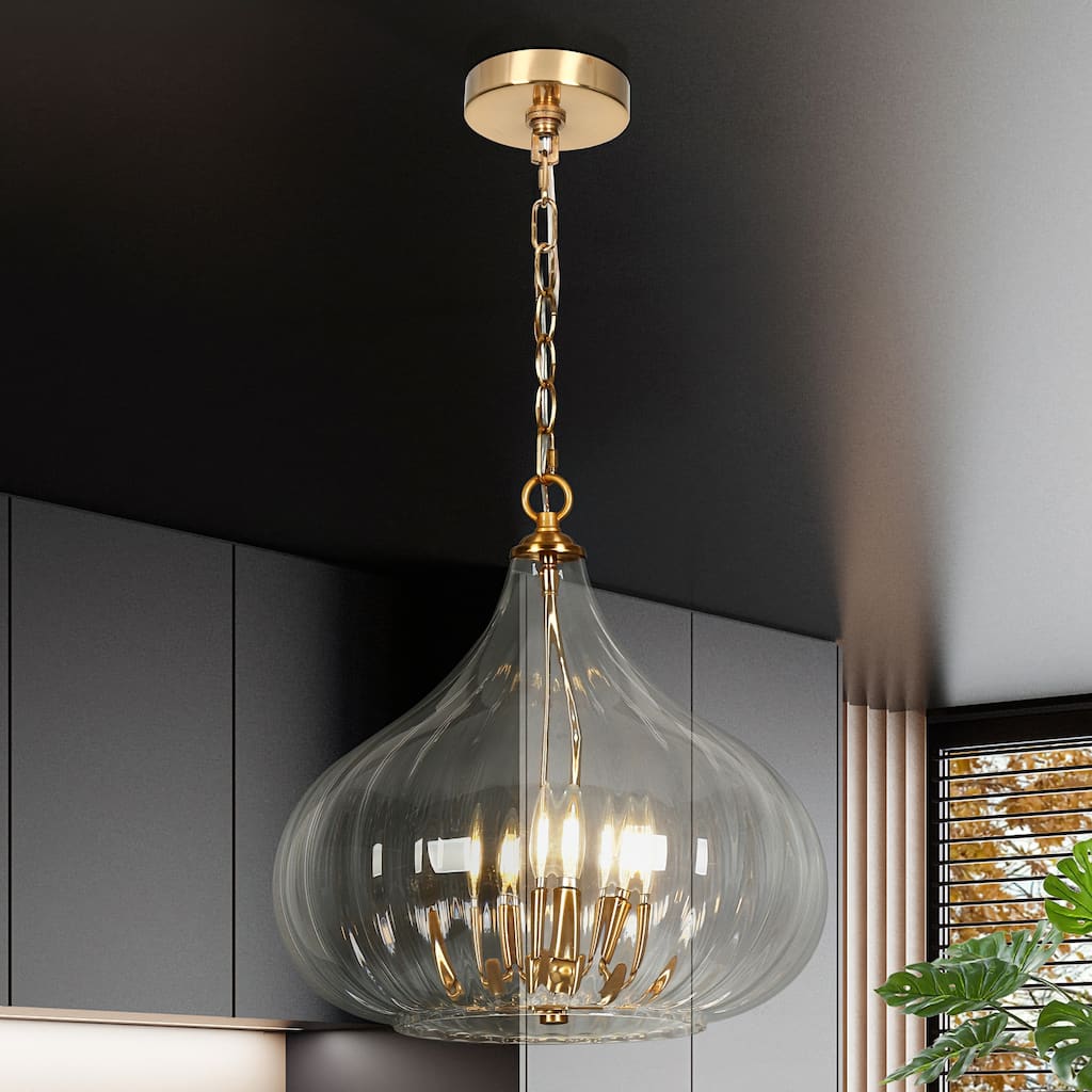 Modern Glam 3-Lights Chandelier Brass Gold Large Pendant with Pumpkin-Shade Clear Ribbed Glass Chandelier for Dining Room