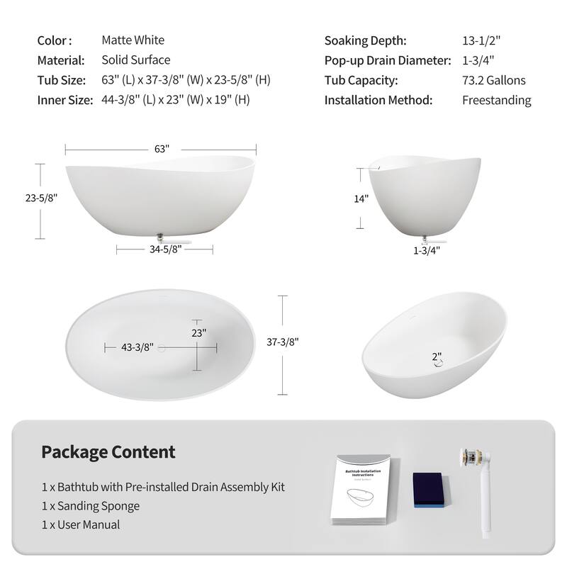 63" Matte White Solid Surface Bathtub