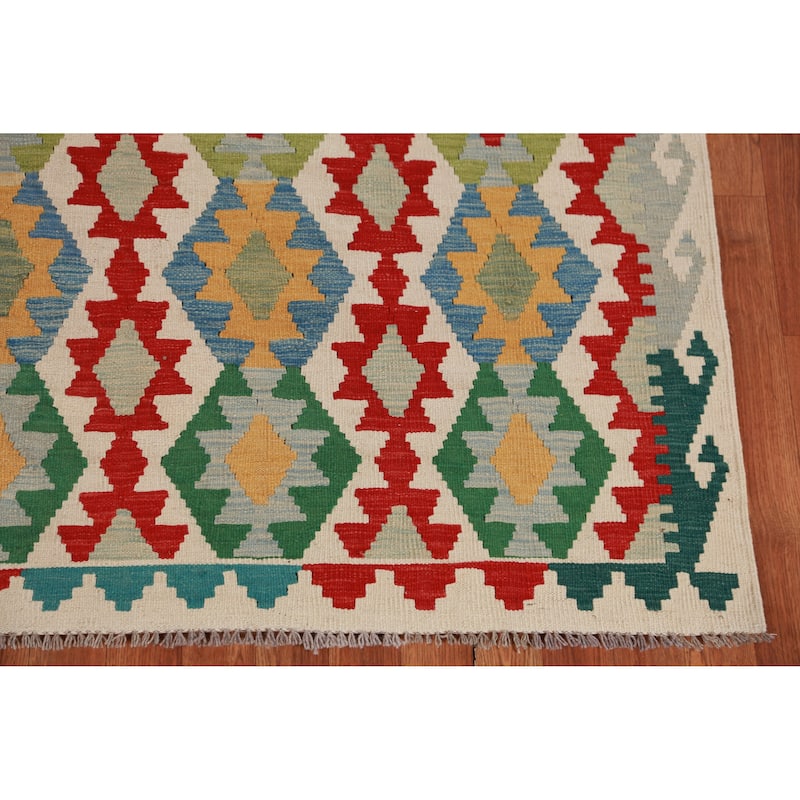 Hand Woven Oriental 100% Wool Carpet Southwestern Geometric Multi-Colored Kilim Area Rug - 8' 7'' X 6' 0''