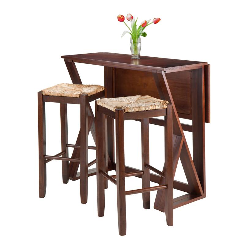 Set of 3 Warm Walnut Wood Leaf High Table with Rush Seat Stools 39.25"