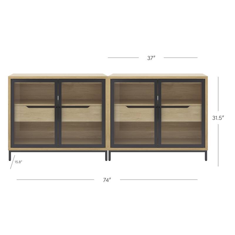 Mackenna Metal and Glass Sideboard Accent Cabinet with Two Doors, Oak Credenza for Kitchen or Living Room