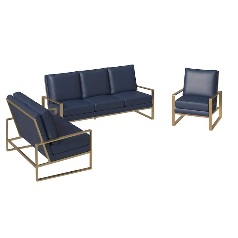 LeisureMod Modern 3-Piece Leather Sofa Set For 6 - Includes Sofa, Loveseat & Accent Chair for Home Office Living Room Bedroom
