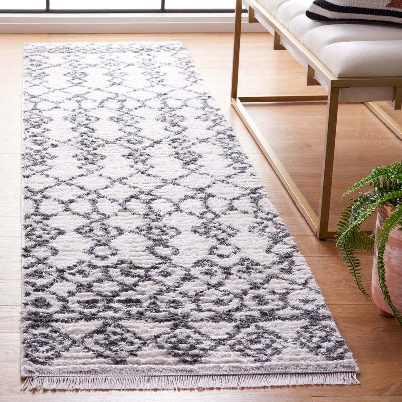 SAFAVIEH Augustine Teodosia Moroccan Boho Fringe Rug - 2' x 9' Runner - Ivory/Grey
