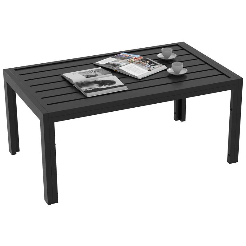 Outsunny Patio Coffee Table, Rectangle Outdoor Side Table with Steel Frame and Slat Tabletop for Garden