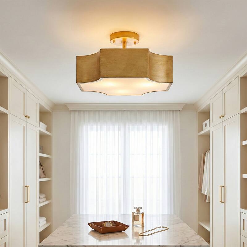 15" Antique Gold Metal 3-Light French Country Quatrefoil Semi-Flush Mount Ceiling Light