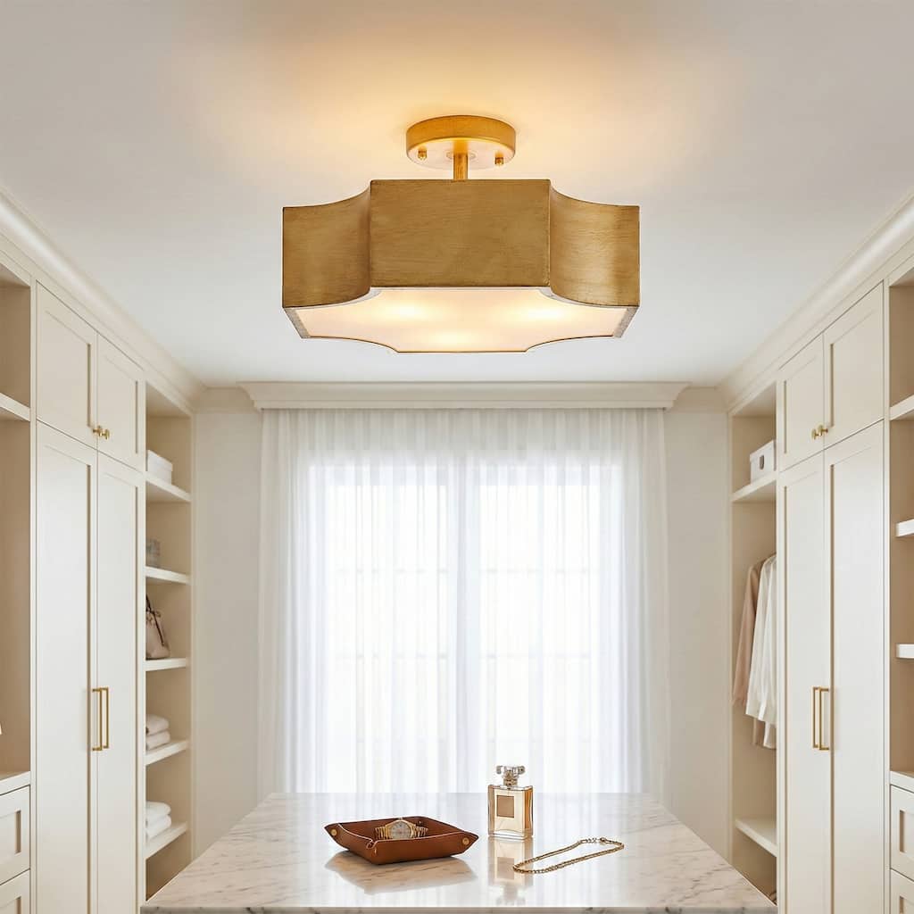 15" Antique Gold Metal 3-Light French Country Quatrefoil Semi-Flush Mount Ceiling Light