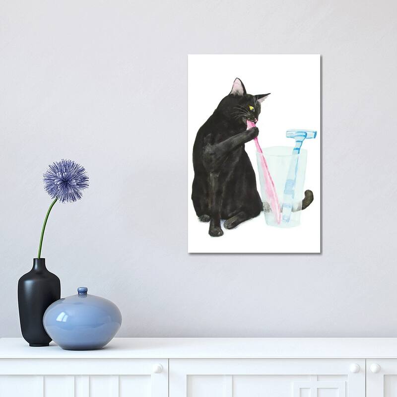 iCanvas "Black Cat Brushing Teeth" by Alexey Dmitrievich Shmyrov Canvas Print - 18x12x1.5