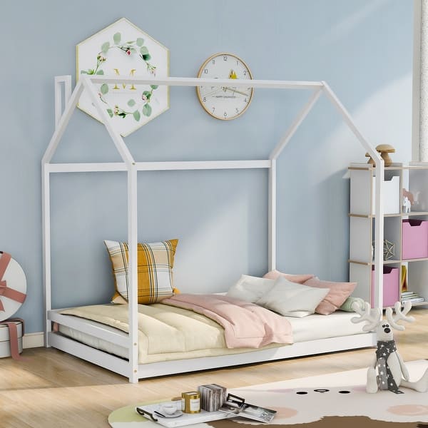 slide 2 of 40, Semi-Enclosed House Bed for Kids, Full Size Floor Bed with Roof, Playhouse Design, Solid Pine Wood Frame, No Slats White - Full