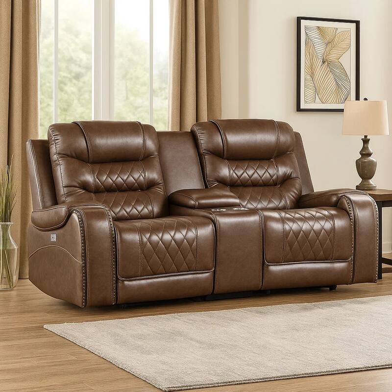Paul 78 Inch Power Recliner Loveseat, Cupholder Console, Brown Faux Leather