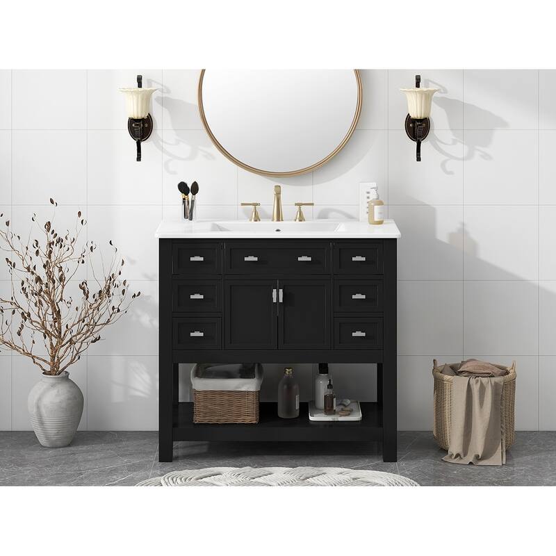 36-Inch Black Bathroom Vanity with Ceramic Sink, 6 Drawers, and Soft-Close Doors - 36 in ,Black ,Ceramic,Solid Wood+MDF