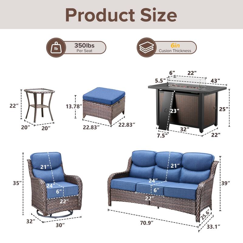 Gymojoy 7-Piece Wicker Patio Furniture Sofa Set with Fire Pit Table, 6-Inch Thick Cushion Swivel Glider Chairs & Ottomans