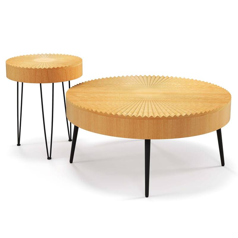 Set of 2 Boho Round Coffee Table Sofa Side Nesting Table w/ Wood Top - Natural
