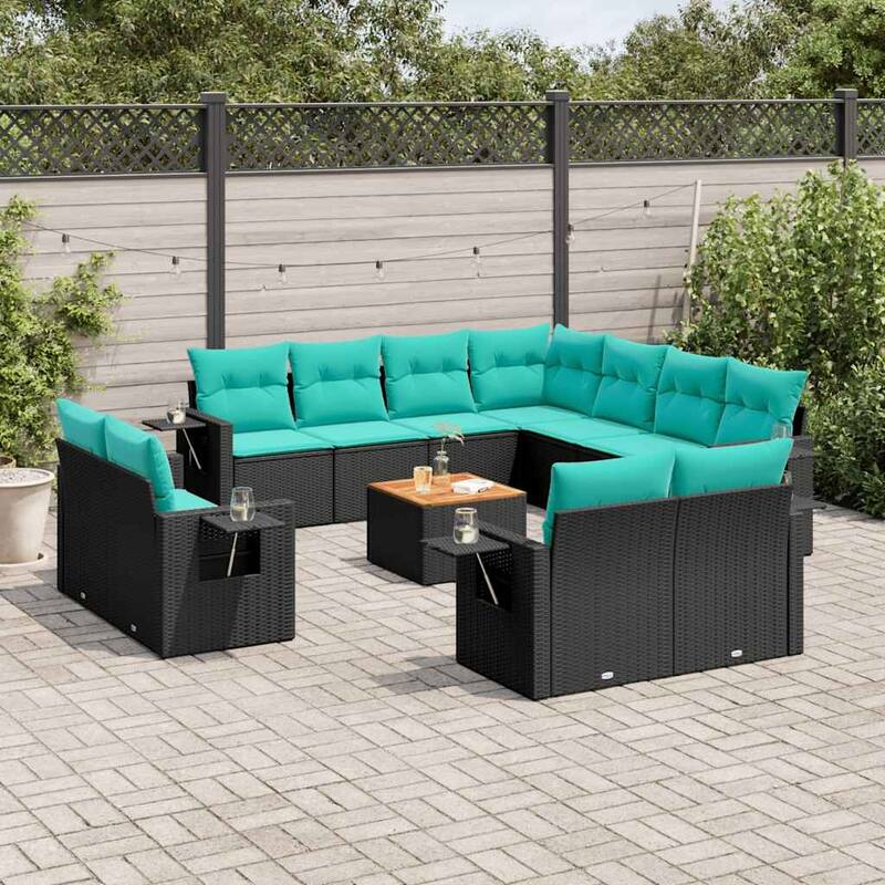 vidaXL 12 Piece Patio Sofa Set with Cushions Black Poly Rattan - 24.4" x 24.4" x 27.2" - Black and blue