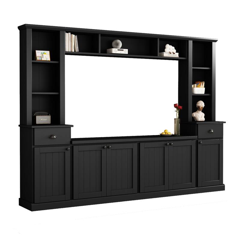 Modern Wall Unit Set for TVs Up to 75" with Adjustable Bridge & Ample Storage - Includes Bookcase, Wine Rack & Display Case